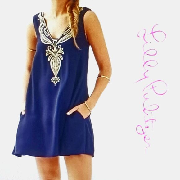 Lilly Pulitzer Owen Navy Trapeze Shift Metallic Gold Embroidery Sleeveless XS - Picture 1 of 10